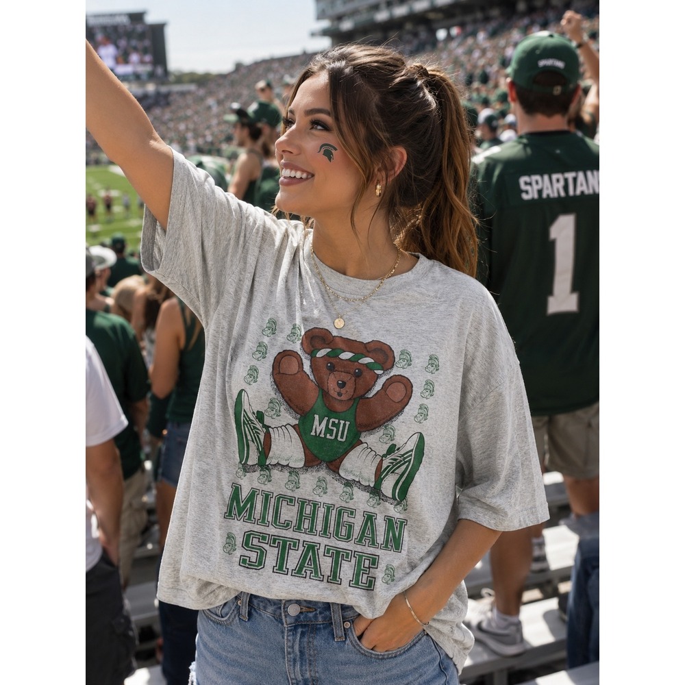 Vintage Michigan State University MSU Spartans Teddy Bear T-Shirt Gray Large